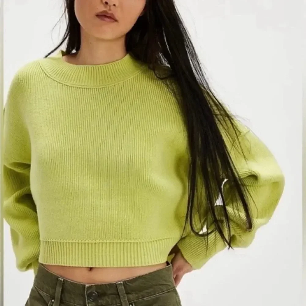 Free People Oversized Cropped Rib Knit Sweater Green Cotton Blend Size S/P